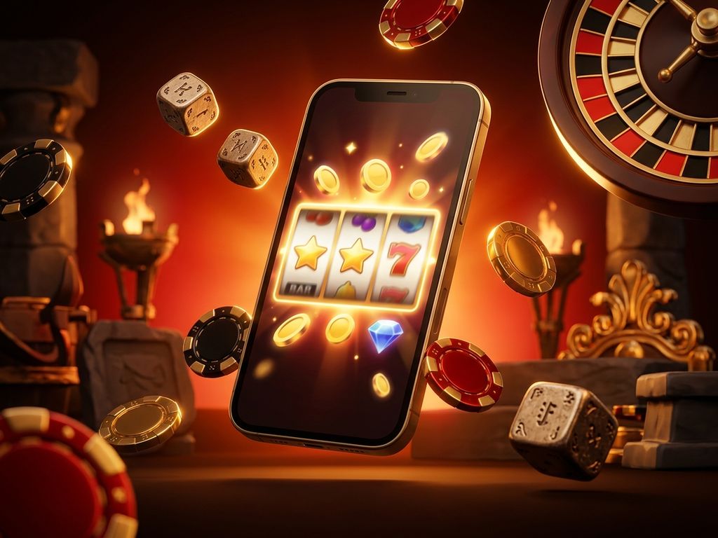 Smartphone floating amid casino chips and gold ornaments